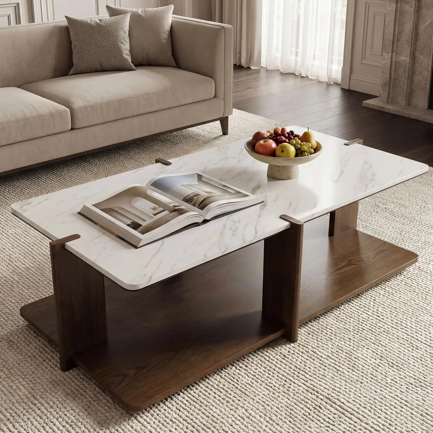 

Modern Open Frame Coffee Table with Storage, Solid Wood Base & Marble (Super Matte) Top, Display Space for Living, Customized