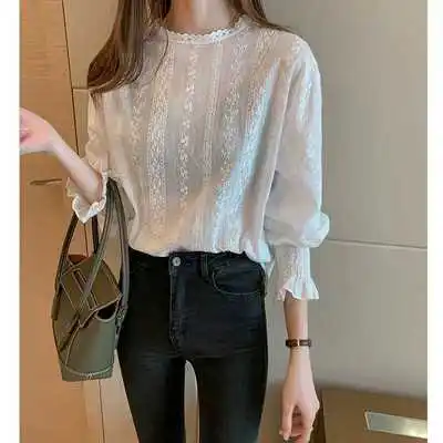 Dingaozlz Vintage style lace shirt Flare sleeve Hollow out White blouse Casual clothing New fashion Women lace Tops Blusa