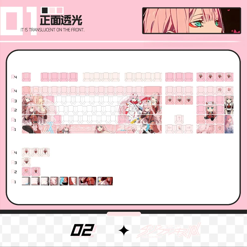 Darling In The Franxx 02 Anime Theme Keycaps 120 Key Pbt Mechanical Keyboard Games Cartoon Cute Collection Festival Gift Keycaps