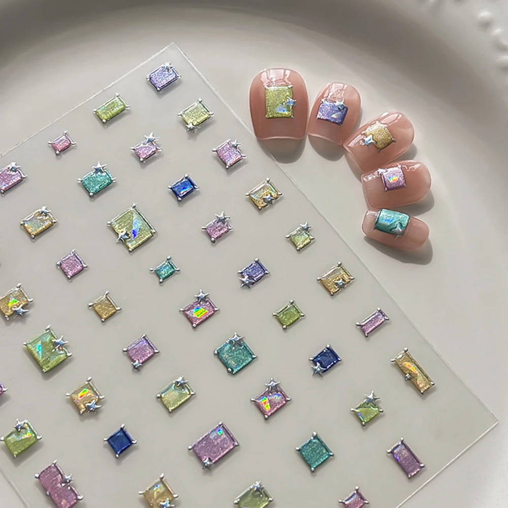 1Pcs Multicolor Cat Eye Square Gem Nail Stickers 3D Shiny Laser Pink Rectangular Gem Stars Nail Decals Y2K Sweet Manicure Decor﻿