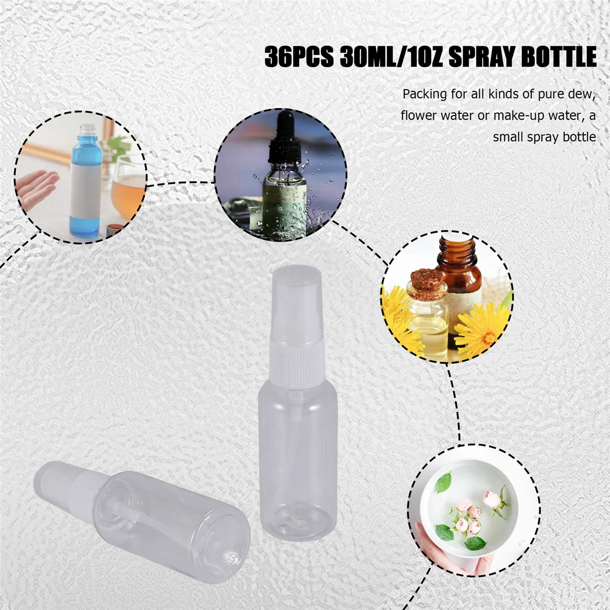 Mini botellas de Spray de niebla fina, botellas rellenables de plástico transparente vacías, tamaño de viaje, 36 piezas, 30Ml/1Oz