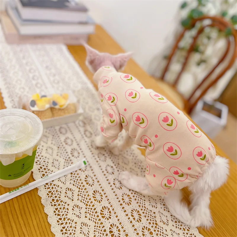 Sphynx Cat Clothing 4-legged Winter Undercoat for Kittens Pink Floral Cotton High-Neck warm Sweatshirt for Devon Rex in Spring