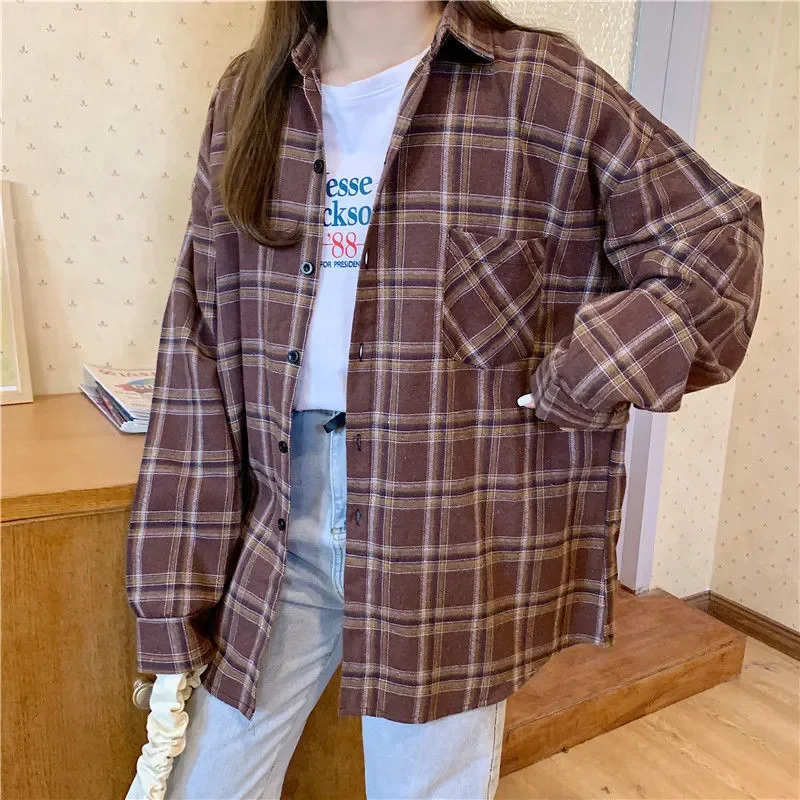 CHAXIAOA Vintage Women Plaid Shirts Autumn Long Sleeve Oversize Button Up Tops Korean Loose Casual Fall Outwear Femme Shirts