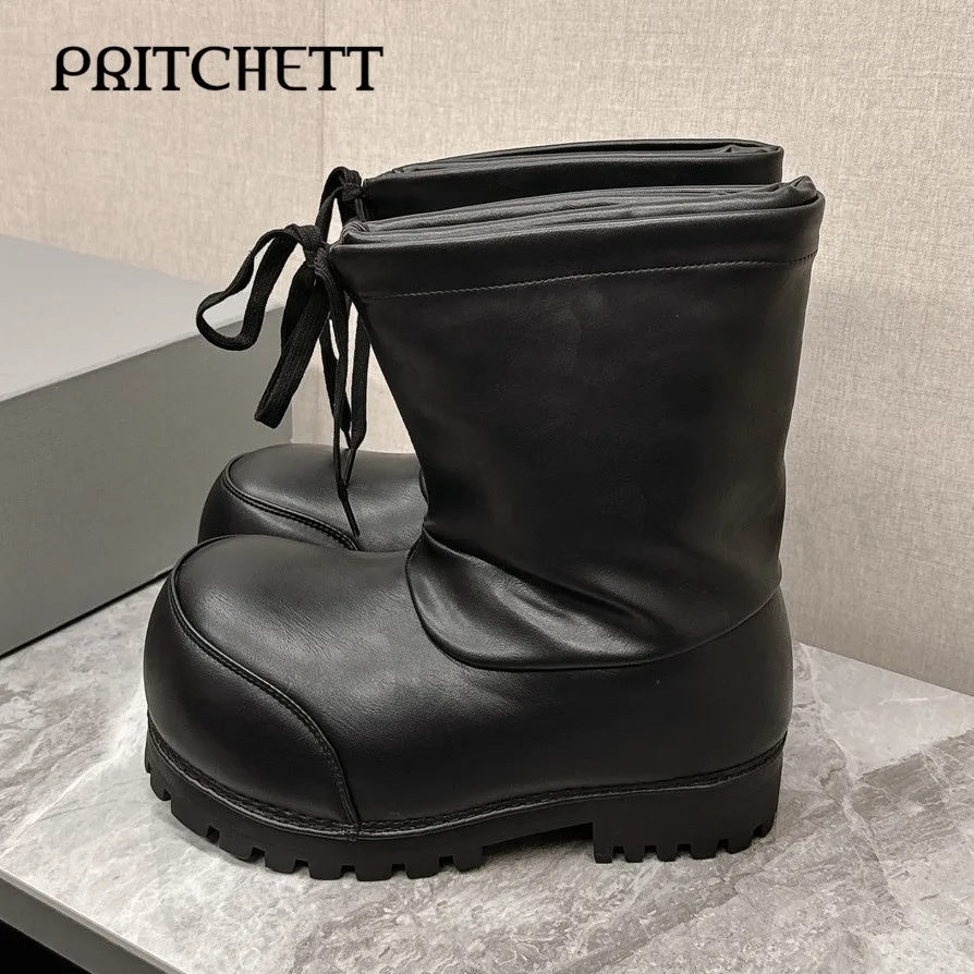 Winter Fashion Designer Black and White Boots Pull-On Style Big Head Personality Casual Leather Boots Drawstring Short Boots