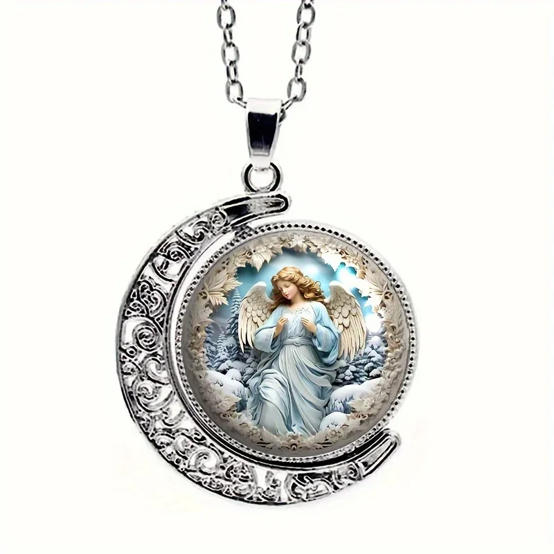 Fashion 1pc Stylish And Elegant Rotatable Pendant Necklace With Angel Pattern,Made Of Glass & AlloyRomantic Gift Jewelryin a nic