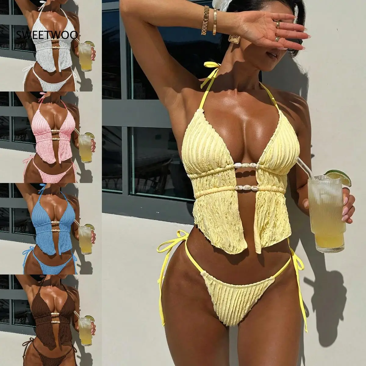 7 Colors Women's Textured Halter Bikini Set with Shell Cutout & Side Tie Bottom Summer Sexy Swimsuit for Beach Holiday