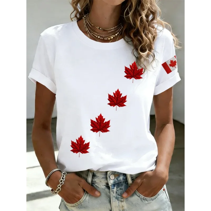 Ilstile Women's Canada Maple Leaf Print T-Shirts Summer Loose Tops Short-Sleeve Casual Loose-Fit Crew Neck Tees New Arrival