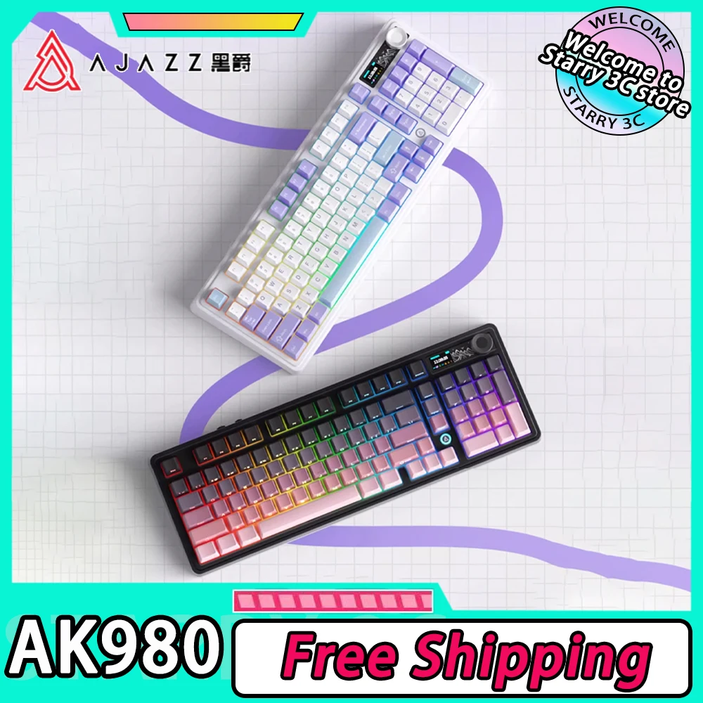 Ajazz Ak980 Mechanical Keyboard Three Mode Wired/2.4G/Wireless TFT Screen RGB Gaming Keyboard With Knob Hot Swap Gasket 8000mAh