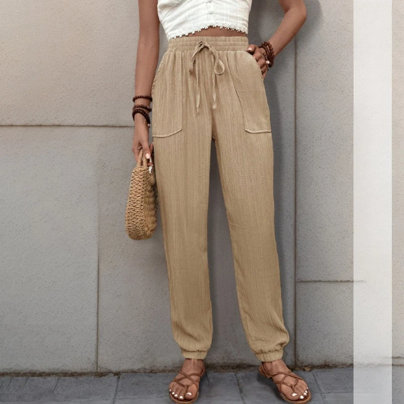 

2025 Summer Women's Loose Slacks with Lace-up Texture and Solid Color