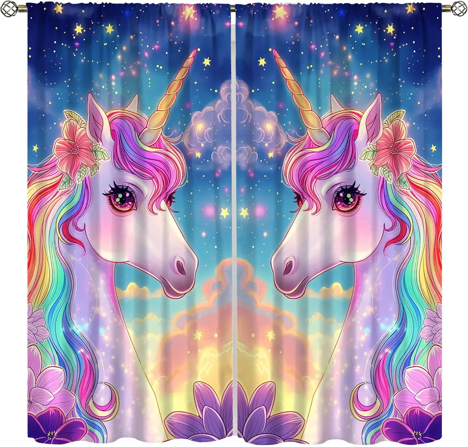 Girls Rainbow Unicorn Curtains, Mystic Magic Fantasy Starry Night Beautiful Fairytale Pink Unicorns Decor Windows Treatments