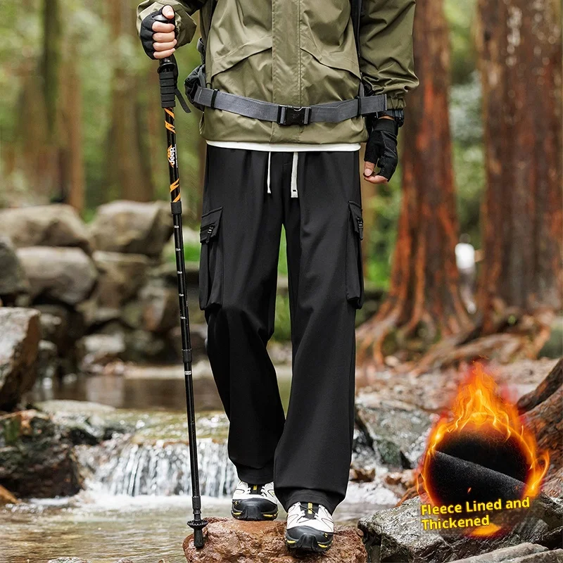 

Зимние толстые черные брюки-карго на флисовой подкладке с несколькими карманами на молнии, свободный прямой дизайн, регулировка шнурка, модные длинные брюки в уличном стиле, унисекс, теплые и морозостойкие, осенние стильные и модные повседневные брюки для