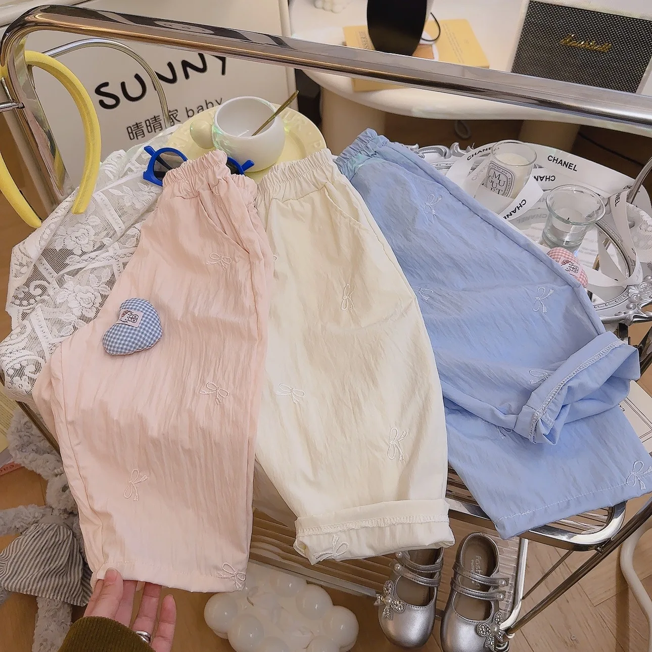 1PCS Girls' Pants with Cuffs Trousers with Embroidered Bowknot, Baby Girls' Wide-leg Pants Children's Scimitar Pants Fashionable
