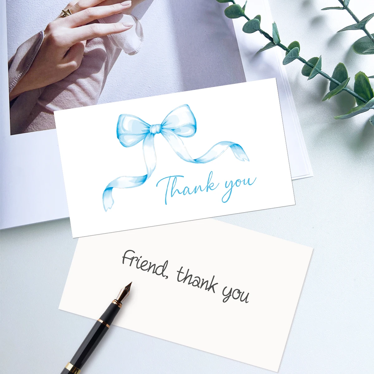 50 Stück Aquarell-Dankeskarten mit rosa-blauer Schleife, Geschenkverpackungskarten für Geschäfts- und Einzelhandelskunden, kleine Karte für leere Notizen auf der Rückseite – Detail 5