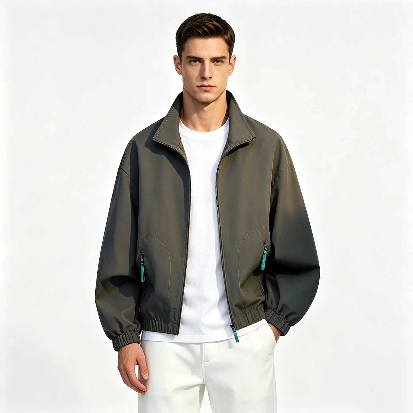 Men Stand Collar Zip Up Jacket Water Resistant Casual Loose Windbreaker Solid Color Multi Colors Outdoor Outerwear