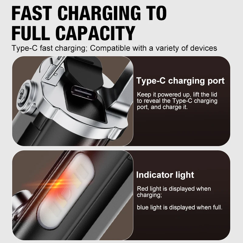 Powerful EDC LED Flashlight Keychain Rechargeable Hanging Portable Flashlights Waterproof Keyring Camping Walking Pocket Lamp