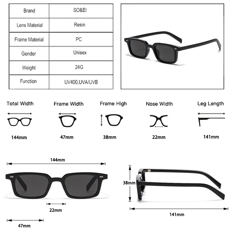 SO&EI Fashion Small Rectangle Sunglasses Women Candy Color Shades UV400 Retro Rivets Men Punk Sun Glasses