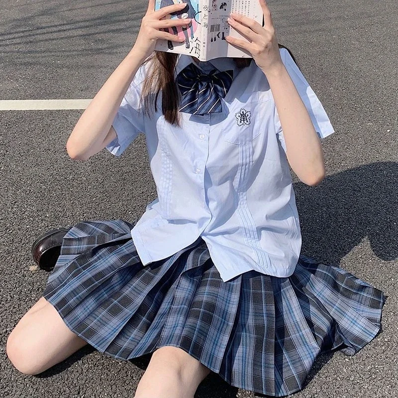 Students Girls Blue Blouse Shirt Plaid Skirt Sets Japanese JK School Uniform Summer High Waist Pleated Skirts Women Summer Suit