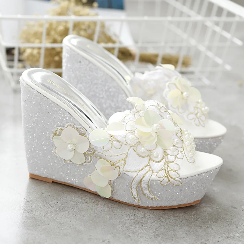 Platform Wedges Slippers High Heels Women\'s Summer Flower Decoration Sandals Fashion Silver Female Casual Gold Shoes Size 34-40