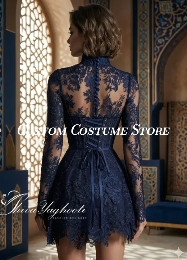 Navy Blue Lace Knee-length Mother Of the Bride Dresses Long Sleeve Boning Top High Neck Mother Wedding Formal Guest Gown Custom
