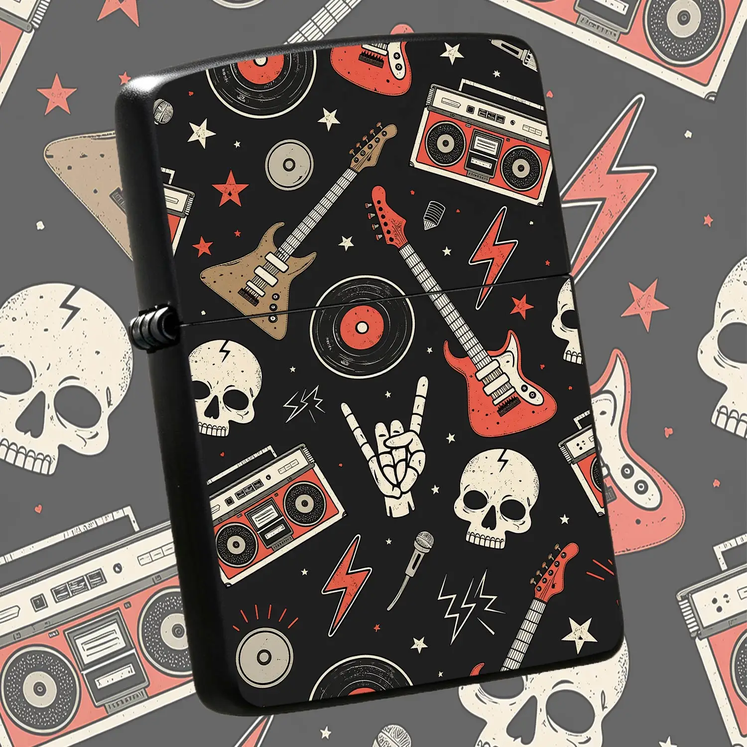 Vintage Rock Pattern Lighter, Stylish Electric Guitar Vinyl Record Skull Print Portable Igniter, Creative Retro Boombox Lightningdecor, Trendy Unique Gift Forenthusiasts, Suitable For Camping Home Daily Multi-Scene Usin A Humorous And Inter