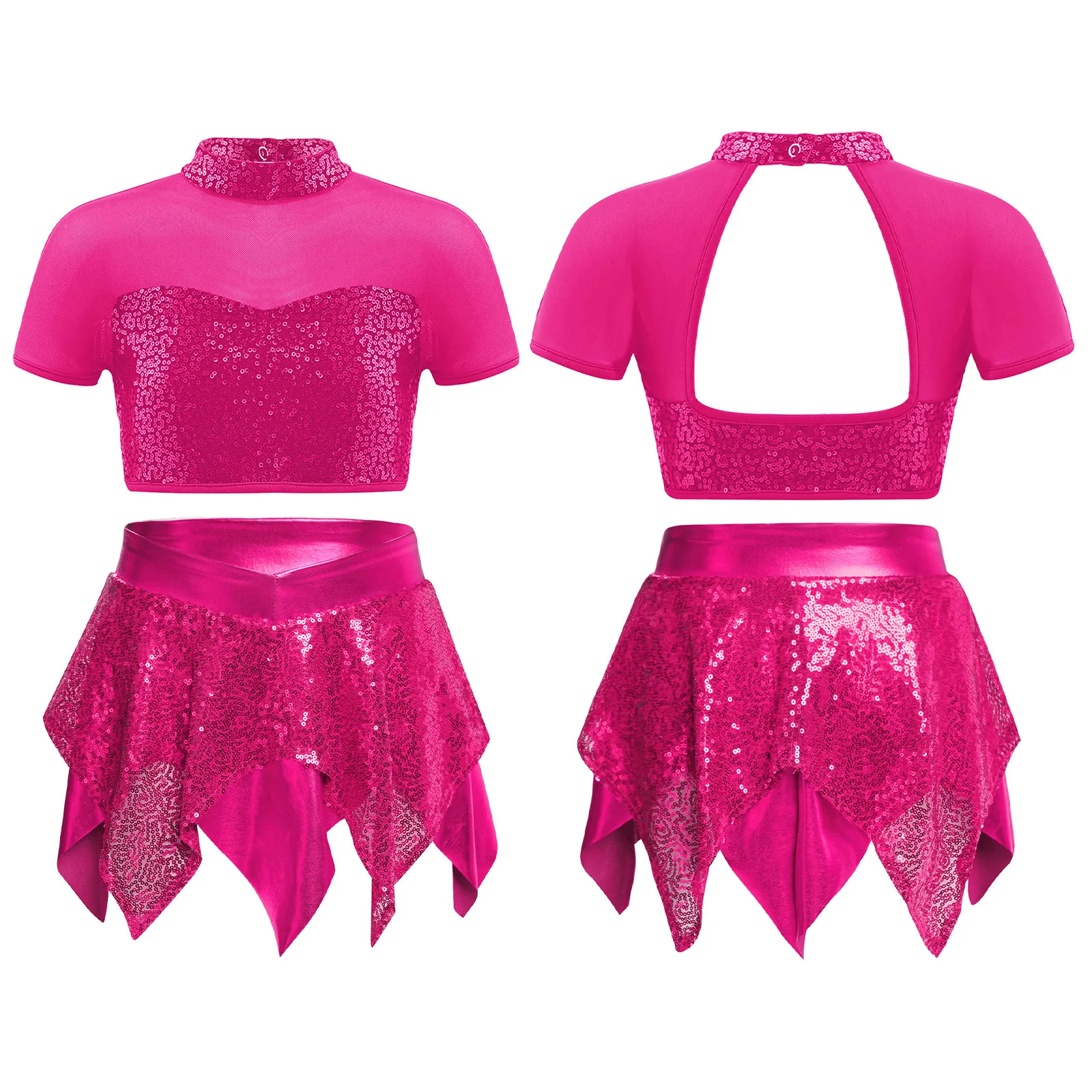 

Kids Girls Cheerleading Dance Outfit Jazz Latin Dancewear Short Sleeve Cutout Back Shiny Sequins Crop Top and Asymmetrical Skirt