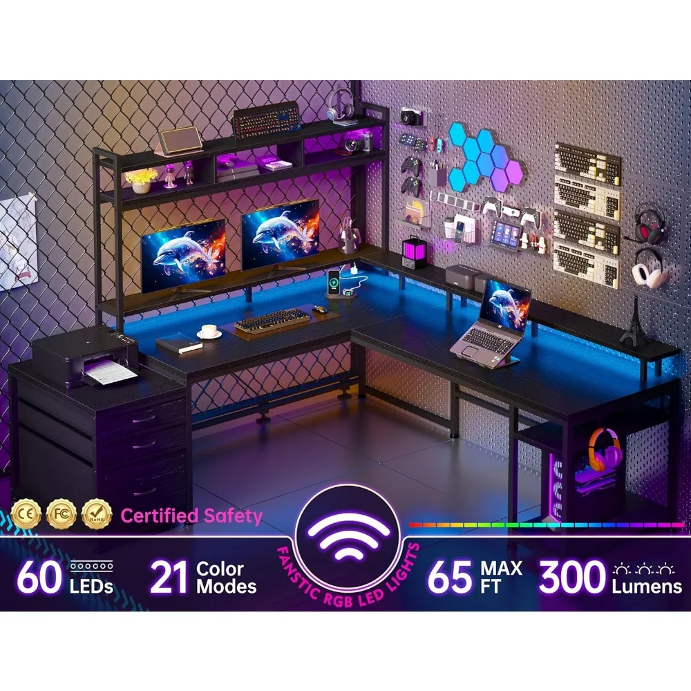 مكتب على شكل حرف L لشخصين مع قفص، 64 × 60، تصميم زاوية قابل للعكس لتخزين الشاشة والأدراج #4