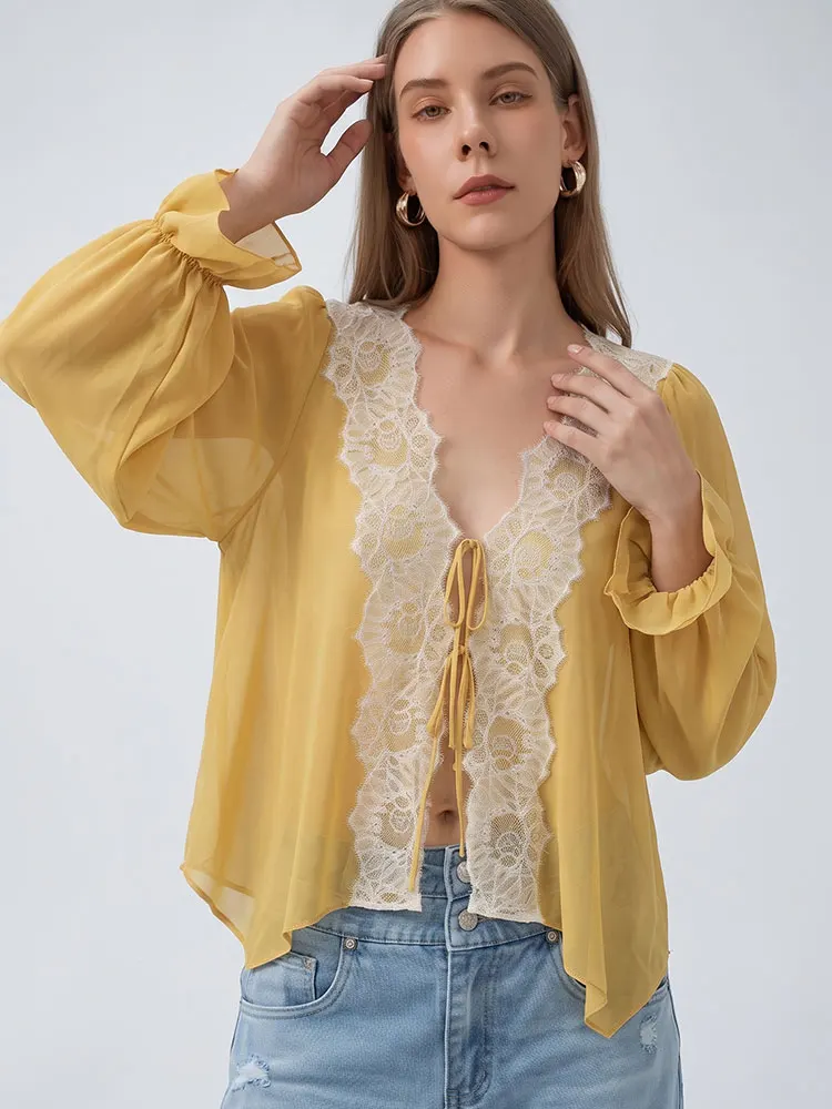 HH Elegante Damen-Bluse mit Vorderseitiger Schnürung V-Ausschnitt Lässige Strand- und Urlaubsbluse Puffärmel Weiße Spitzenverzierung Sommer-Party Gelbe Bluse