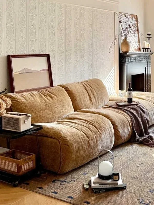 Medieval retro straight row module combination small apartment living room fabric chenille velvet sofa