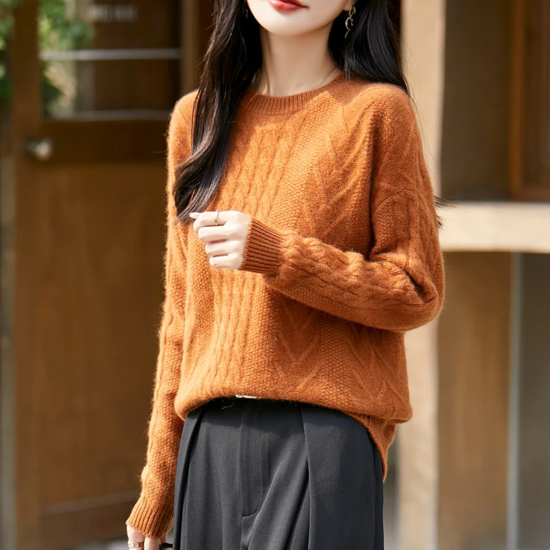 Autumn And Winter New 100 Pure Woolen Sweater Women's Round Neck Twist Sweater Age-Reducing Cashmere Sweater Knitting Base JQ344