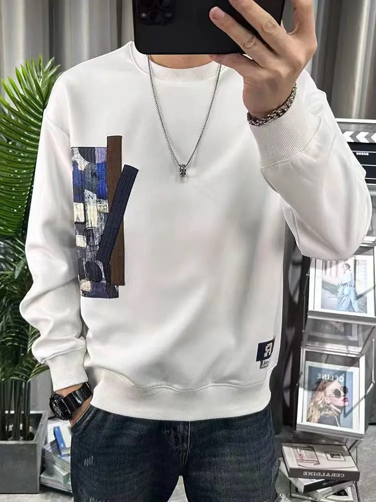 트렌디한 패치 프린트 라운드넥 루즈핏 캐주얼 남성 풀오버