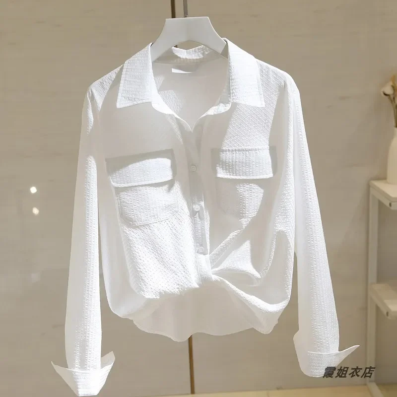 

Women's White Waffle Textured Oversized Button Down Collar Long Sleeve Casual Blouse