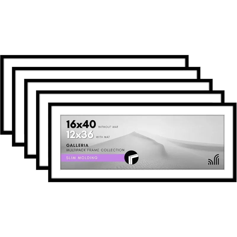 

16x40 Picture Frame Set of 5 -Black-Polished Plexiglass-Modern Classic Style- Easy Photo Insertion - Wall Mount