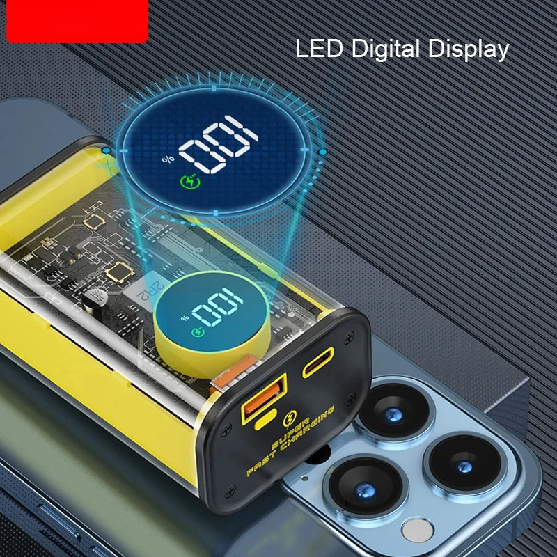 For IPhone Samsung Xiaomi Transparent 10000mAh Power Bank Fast Charger Portable External Auxiliary Battery 22.5W USB C Powerbank