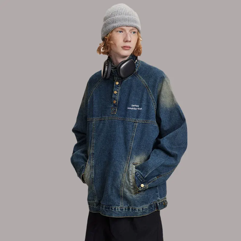 Autumn 2023 American Style Men'sOld Washed Jean Jacket Hip Hop Single Breasted Half Open Stand Collar Pullover Jacket