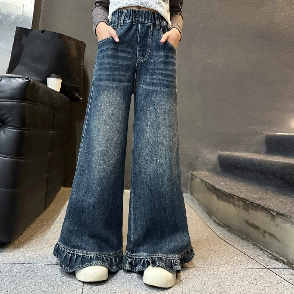 

Wide Leg Pants Teen Girl Jeans Long Loose Straight Children Ruffled Jeans High Waist Cowboy Girls Denim Trousers Children