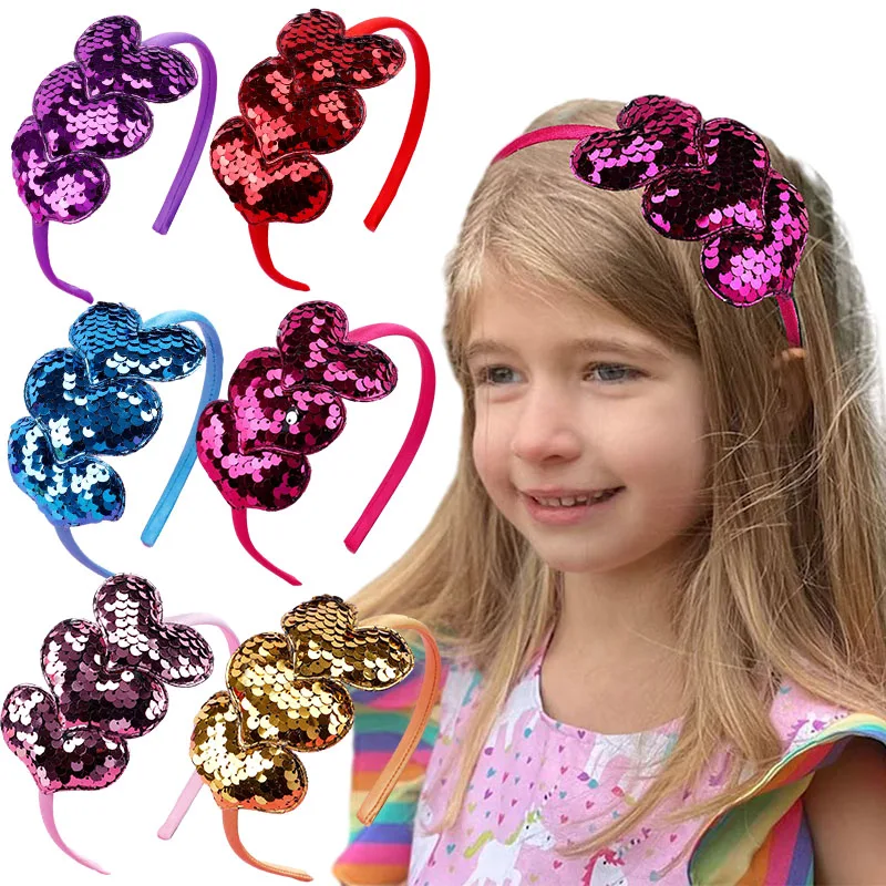 ncmama Candy Color Heart Sequins Hair Bands For Girls Cute Valentine\'s Day Headband Children Headwear Korean Hair Accessories