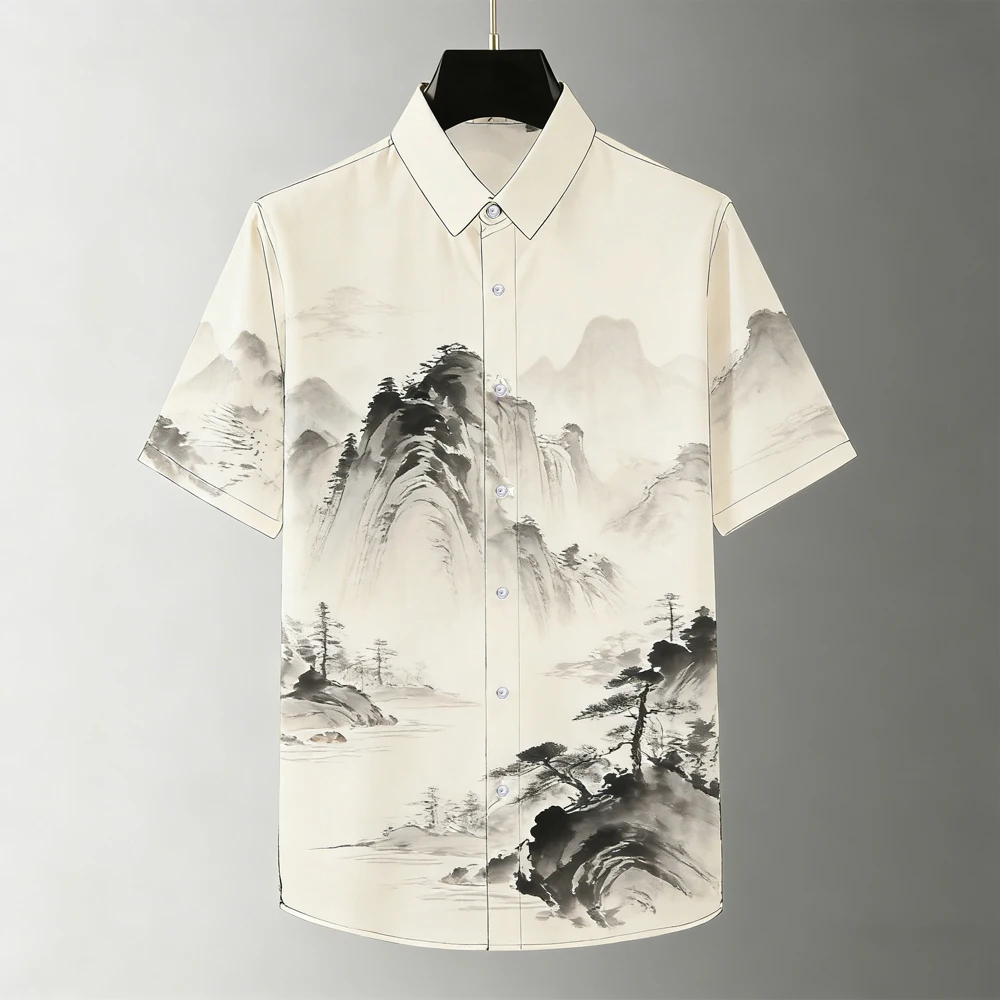 Men's Summer Cool Short-Sleeve Shirt with Natural Pattern Scenery, Men's Vacation Casual Top