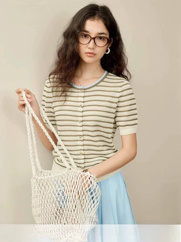 

Slim Fit Short Sleeve Striped Knitwear Cardigan Women's Elegant Style Green Fiber Regency Style Regular Sleeve Length round Neck
