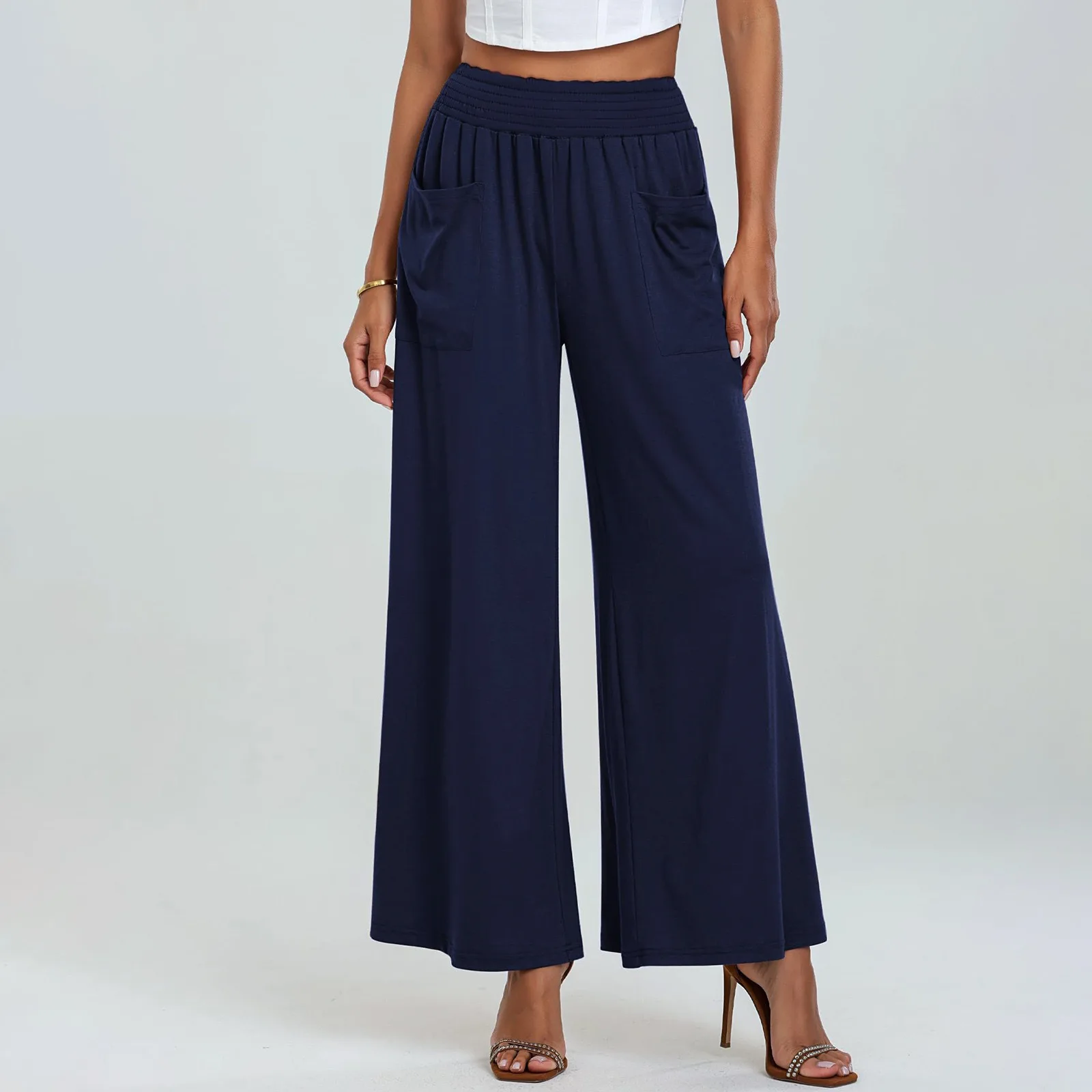 Calça casual solta com bolsos para mulheres, calça de cintura alta levemente picante, cintura elástica, estilo europeu, para dentro, nova, verão, primavera, 2022