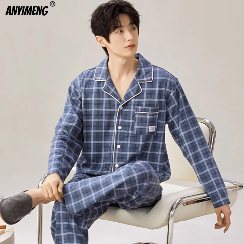 Autumn Winter Faux Cotton Men Pajamas Plaid Pajama Sets Long Sleeves Pants Homewear Elegant Male Pajamas Leisure Pyjamas