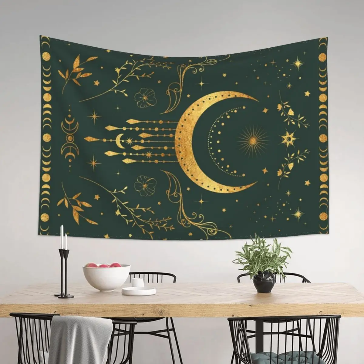

Sage green and gold Celestial crescent moon with floral accents and moon phase tie dye Tapestry Wallpapers Home Decor Tapestry