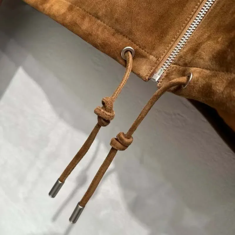 Damen-Jacke aus Wildleder, Stehkragen, hochwertig, langärmelig, Herbst 2025, modischer, kurzer Mantel