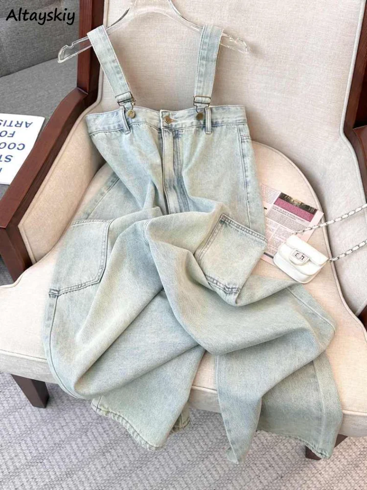 

Denim Blue Jumpsuits Women Baggy Distressed Ulzzang Preppy Style Vintage Strap Overalls Harajuku Chic Pockets Young Simple Daily