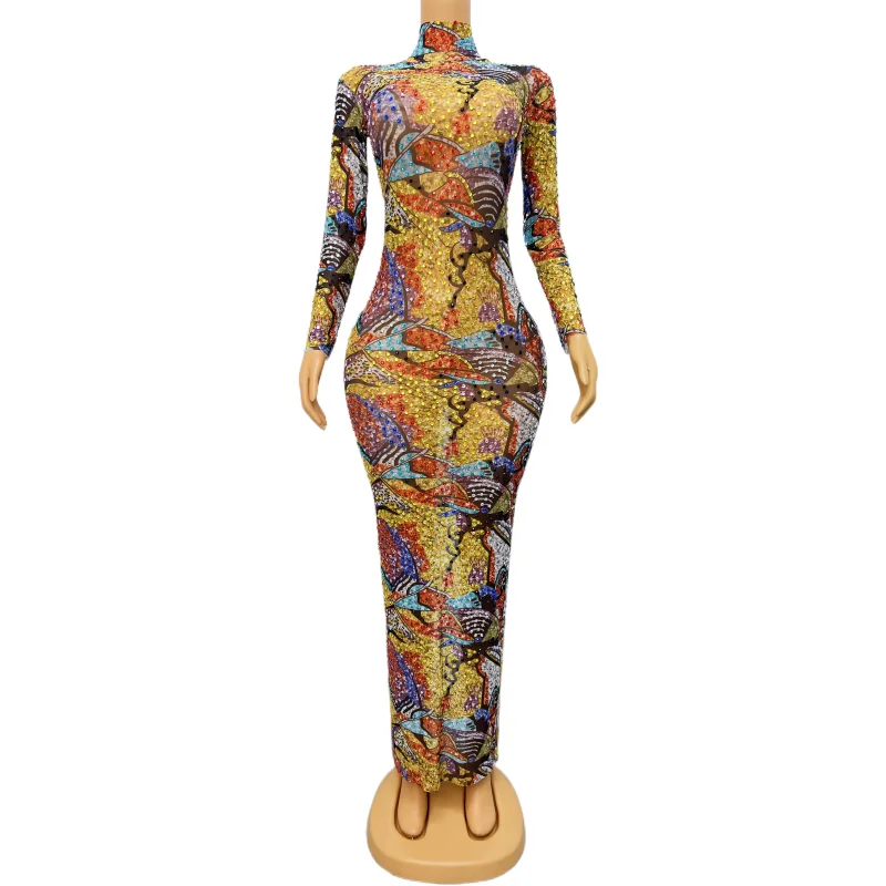 

Luxury Vintage Multi Color Rhinestones Printing Long Dress Women Party Prom Evening Celebrate Catwalk Stage Performance Costume