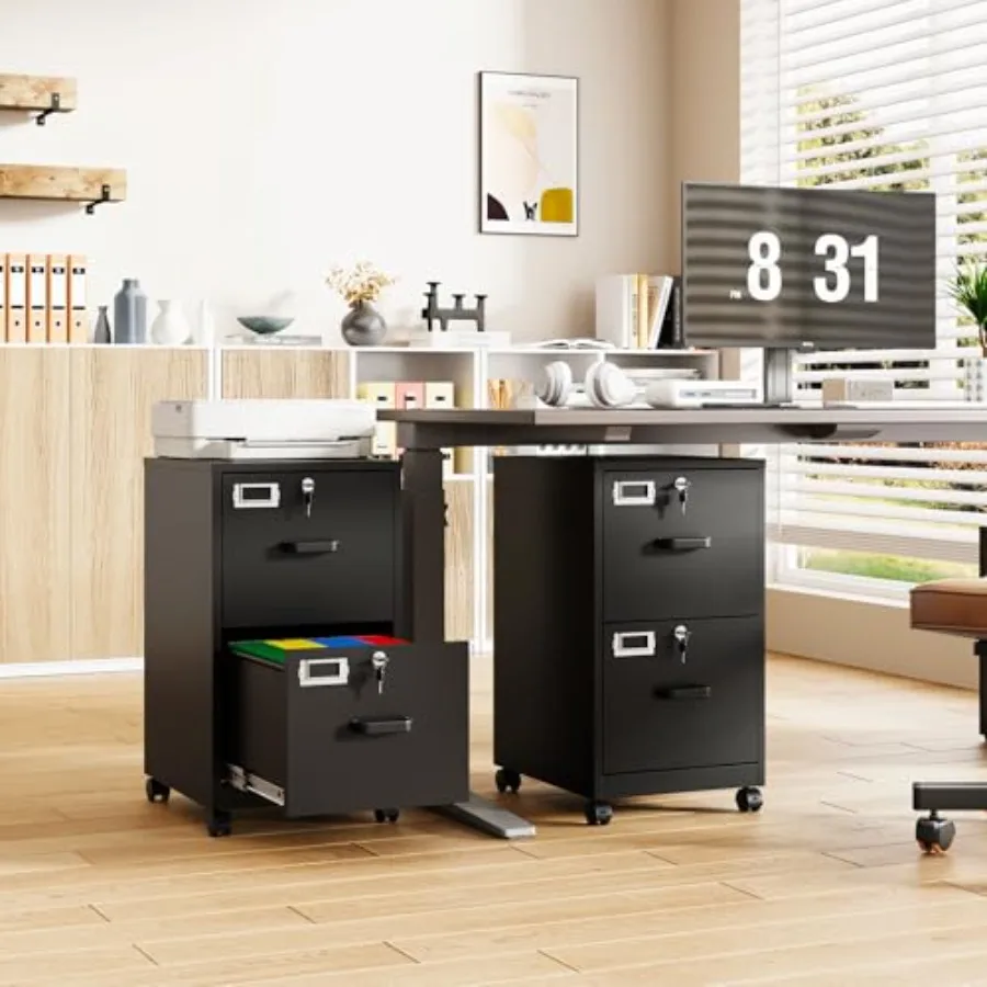 2-Drawer Rolling File Cabinet with Lock, Mobile Vertical File Cabinet for Hanging A4/Letter/Legal Size Folder, Under Desk Small