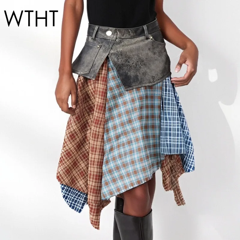 

WTHT Fashion Women's Irregular Spliced PU Leather Plaid Long Skirts 2025 Autumn Trendy High Waist A-line Skirt Female 1LS2406