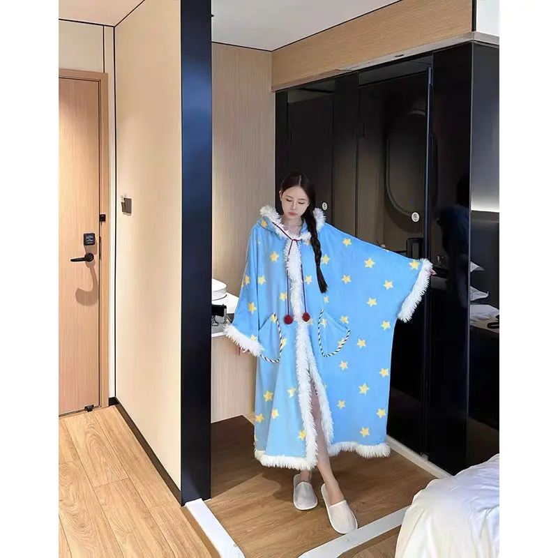 

Домашняя одежда, женская мода, текстурированный узор, кавайная форма, плюшевый теплый свободный удобный домашний халат, рождественский зимний теплый 2025