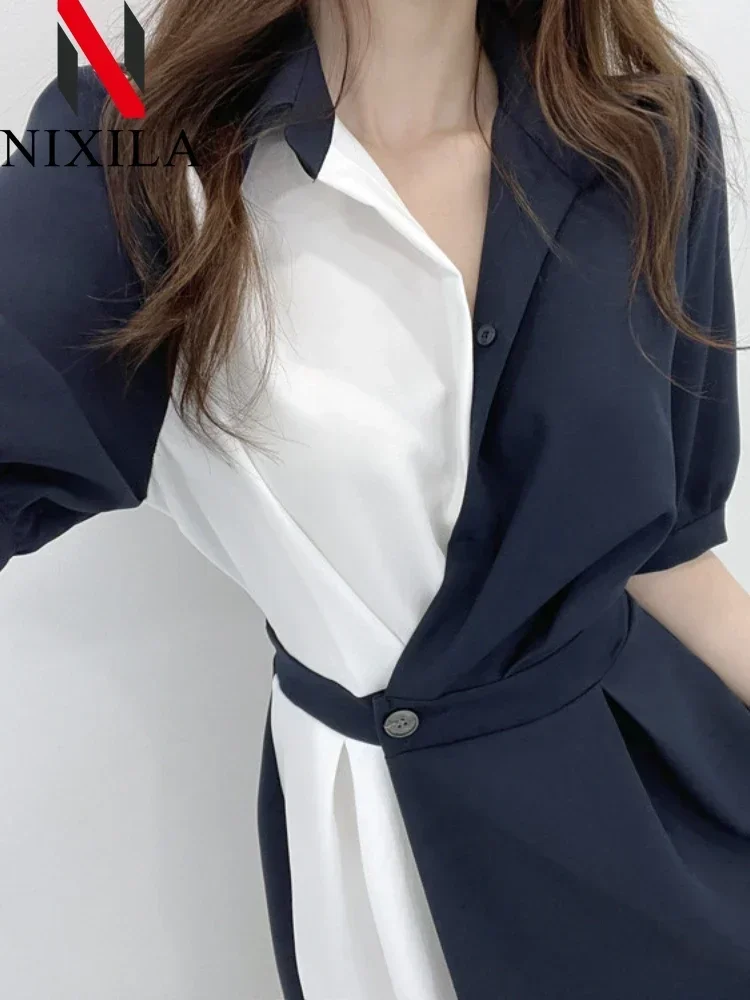 Elegante escritório feminino retalhos camisa vestido vintage a linha midi primavera verão roupas de manga curta para senhoras