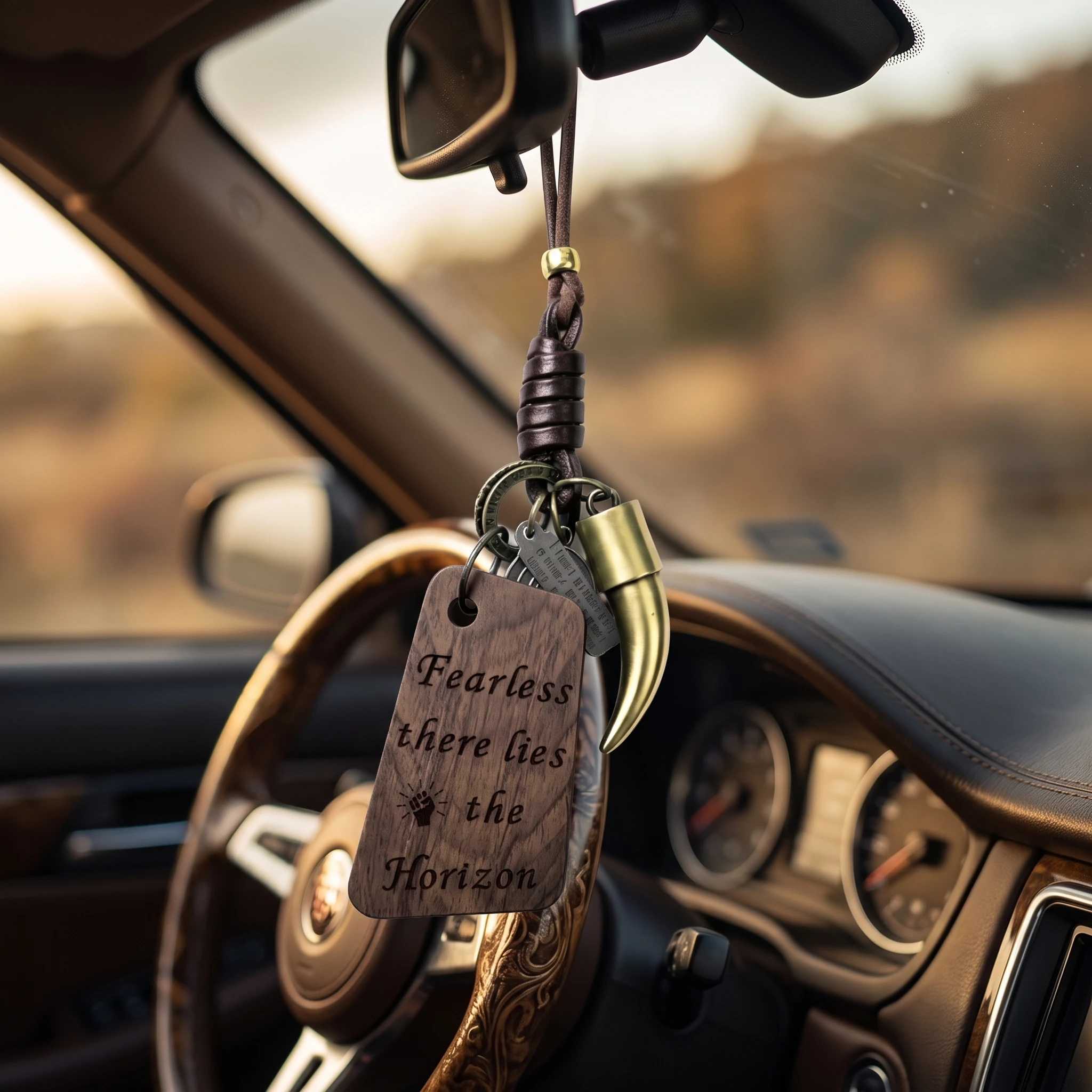 Vintage Two-Tone Horn Car Rearview Mirror Hanging Engraved Fearless Horizon Wooden Tag Leather Cord Backpack Pendant Gift forMen