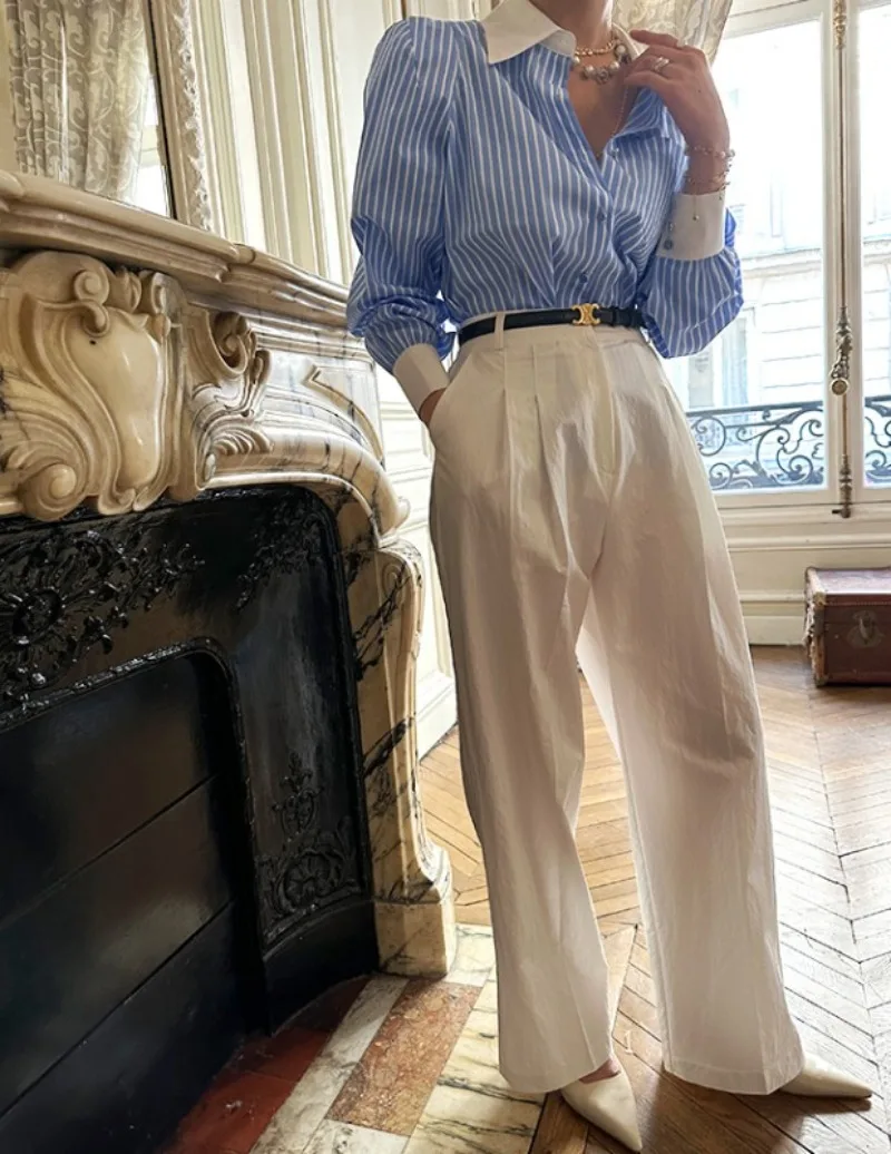 Blusas Vintage para mujer, camisas informales a rayas, ropa holgada a la moda con cuello tipo Polo para primavera/verano, Tops de manga larga con bolsillo para mujer